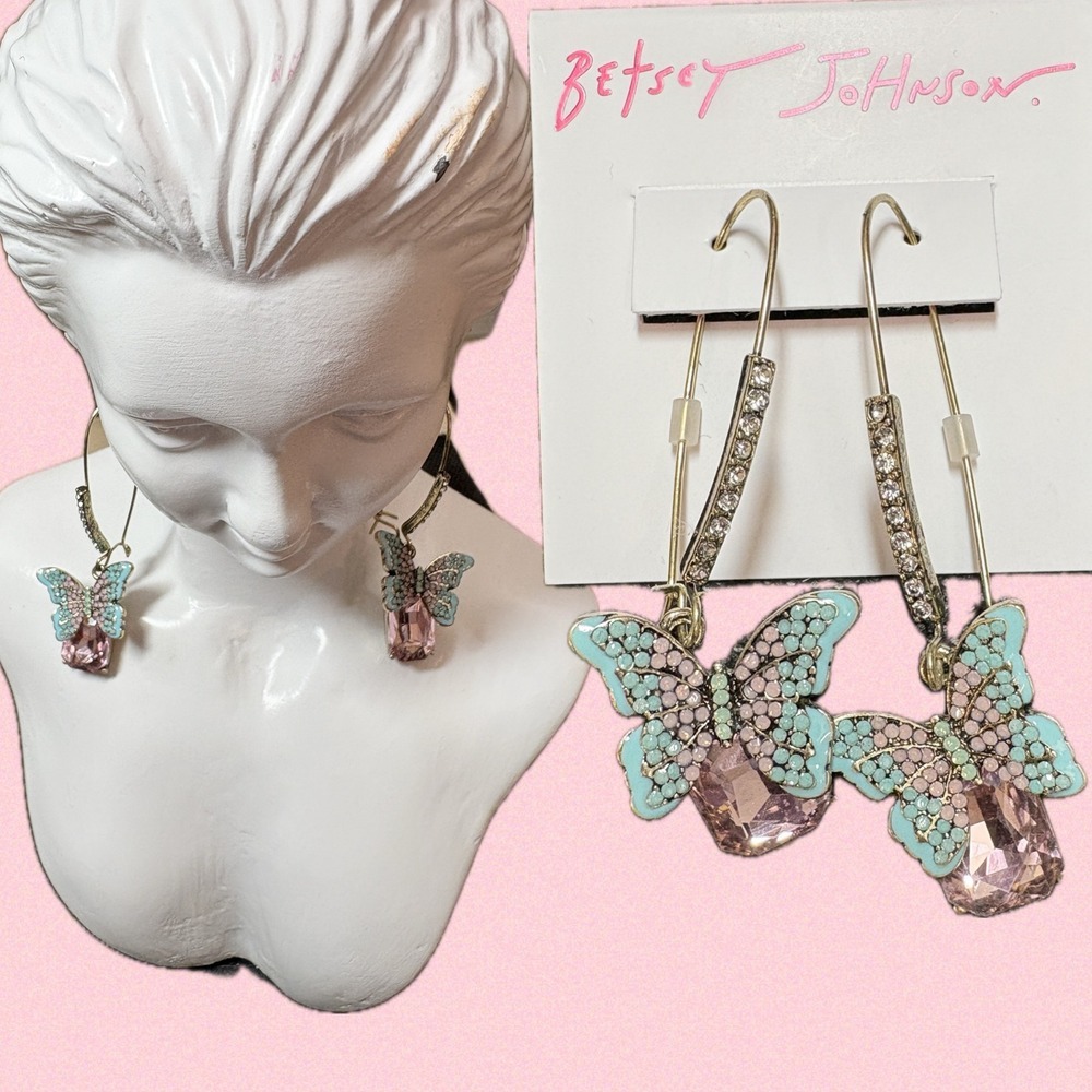 Betsey Johnson Butterfly Drop Earrings Blue Teal Crystal Pink Kidney Shaped Wire